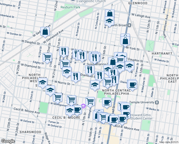 map of restaurants, bars, coffee shops, grocery stores, and more near 1710 Edgley Street in Philadelphia