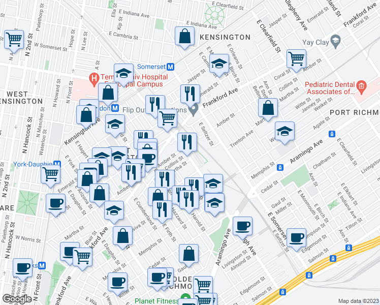 map of restaurants, bars, coffee shops, grocery stores, and more near 2108 Kensington Walk in Philadelphia