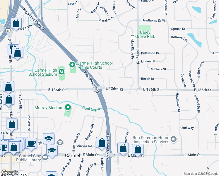 map of restaurants, bars, coffee shops, grocery stores, and more near 2927-3175 East Smokey Row Road in Carmel