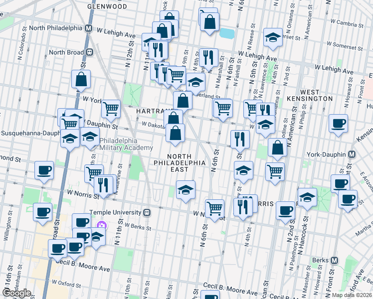 map of restaurants, bars, coffee shops, grocery stores, and more near 2224 North 7th Street in Philadelphia