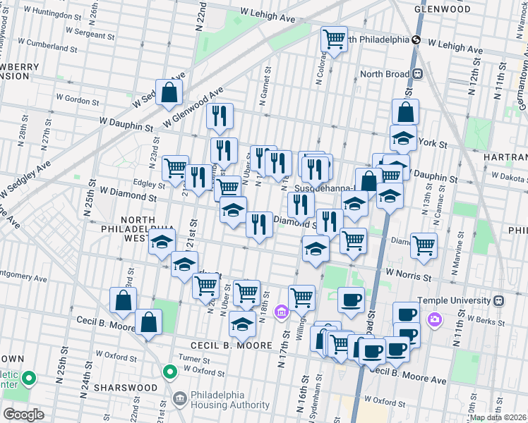 map of restaurants, bars, coffee shops, grocery stores, and more near 1821 West Diamond street in Philadelphia
