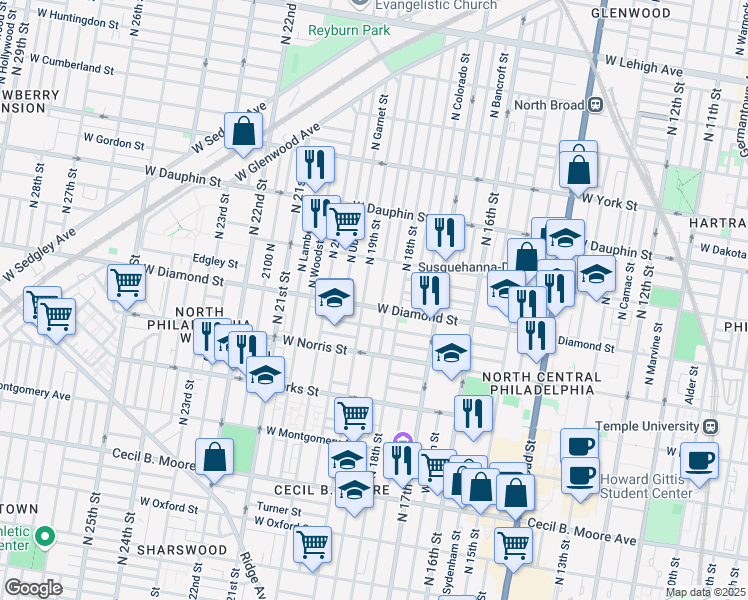 map of restaurants, bars, coffee shops, grocery stores, and more near 1827 West Diamond street in Philadelphia