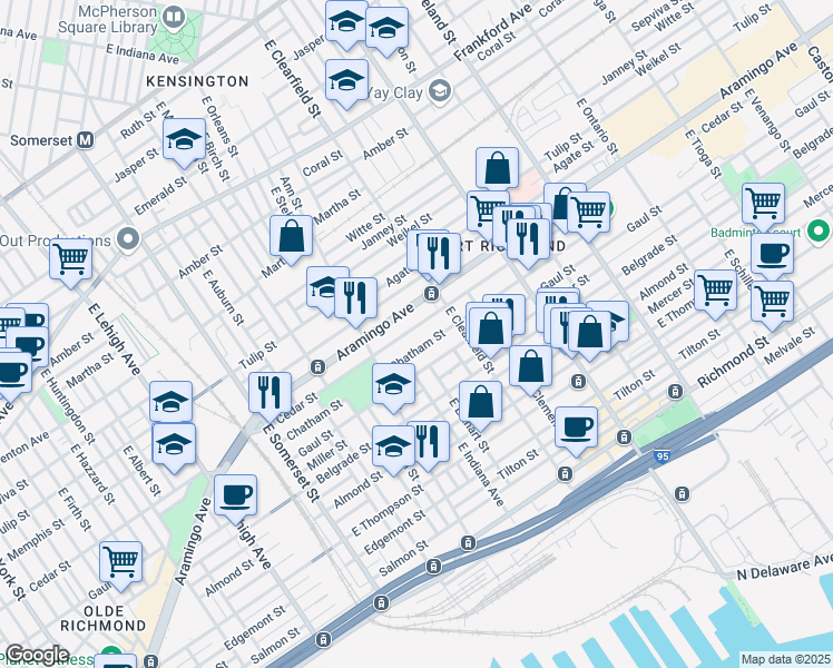 map of restaurants, bars, coffee shops, grocery stores, and more near 3041 Cedar Street in Philadelphia