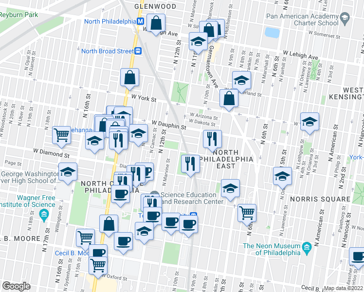 map of restaurants, bars, coffee shops, grocery stores, and more near 2213 N 11th St in Philadelphia