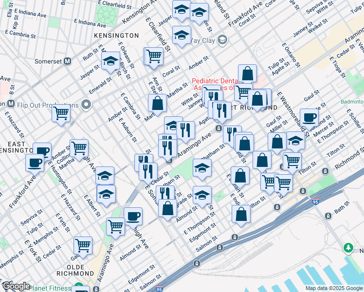 map of restaurants, bars, coffee shops, grocery stores, and more near 2967 Memphis Street in Philadelphia