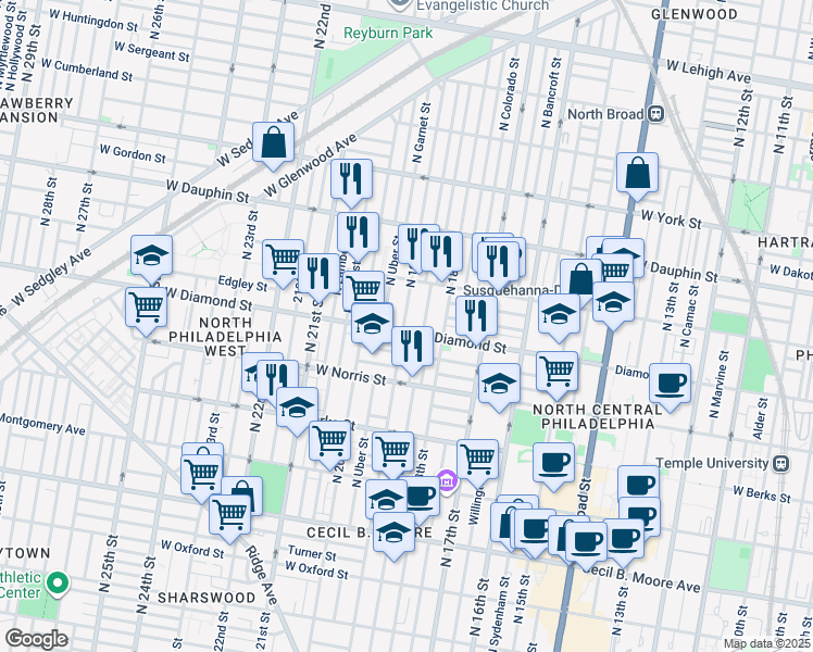 map of restaurants, bars, coffee shops, grocery stores, and more near 1835 West Diamond street in Philadelphia