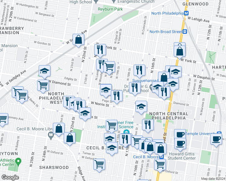 map of restaurants, bars, coffee shops, grocery stores, and more near 1905 Diamond Street in Philadelphia