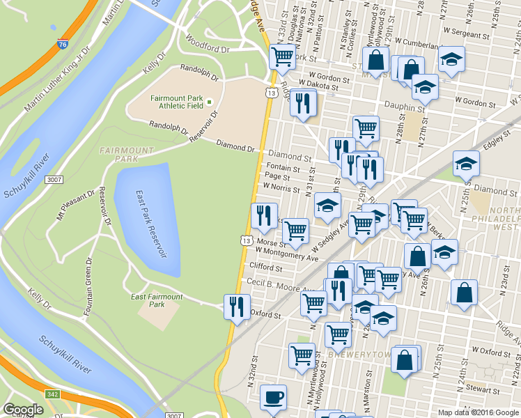map of restaurants, bars, coffee shops, grocery stores, and more near 3236 Monument Street in Philadelphia
