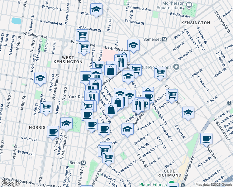 map of restaurants, bars, coffee shops, grocery stores, and more near 1917 East Letterly Street in Philadelphia