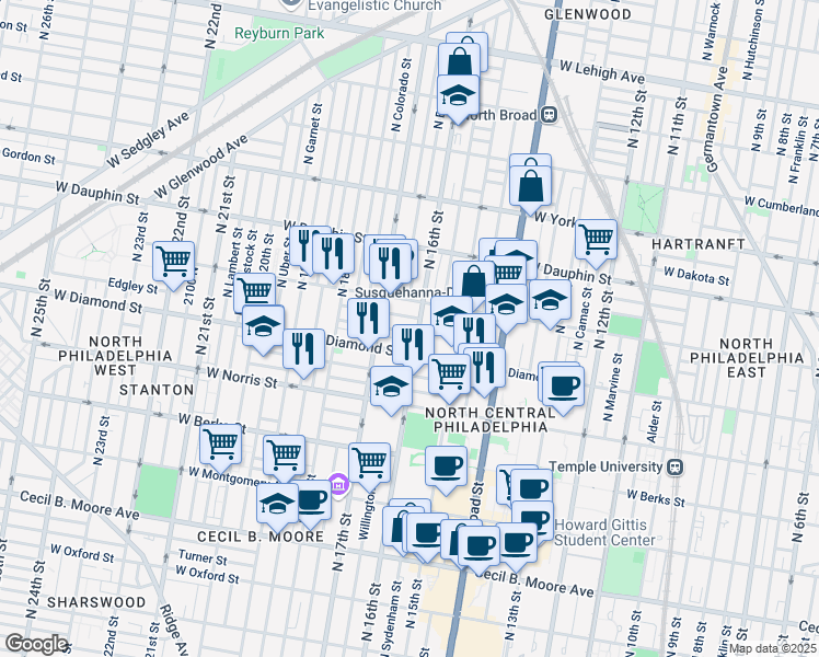 map of restaurants, bars, coffee shops, grocery stores, and more near 1611 Edgley Street in Philadelphia