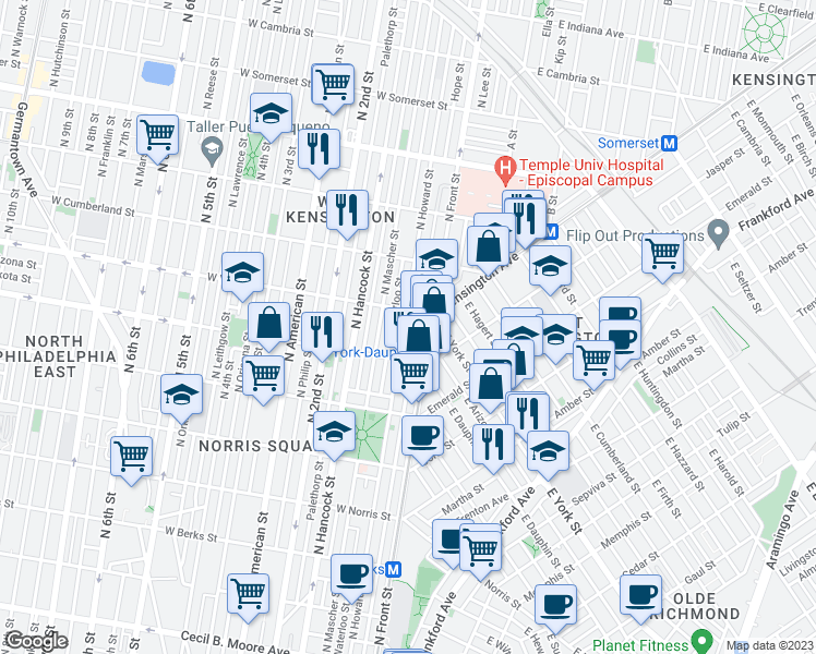 map of restaurants, bars, coffee shops, grocery stores, and more near 2345 North Howard Street in Philadelphia