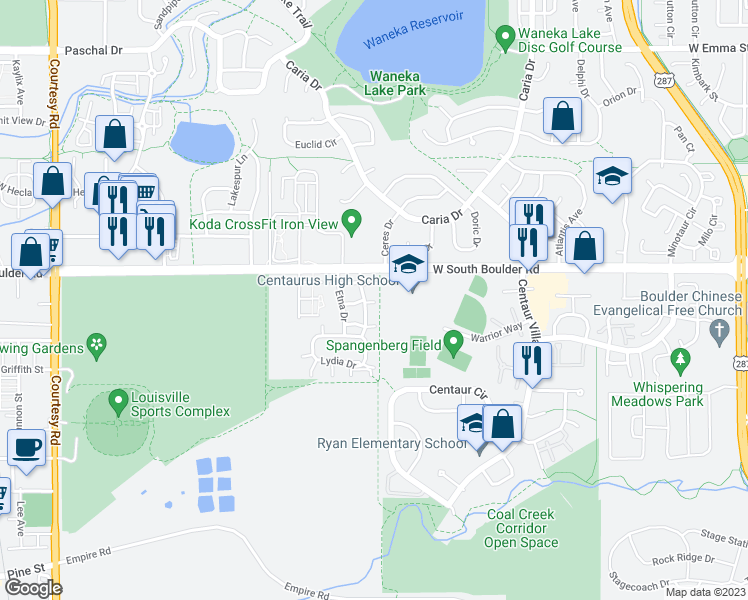map of restaurants, bars, coffee shops, grocery stores, and more near 1701 Cato Circle in Lafayette