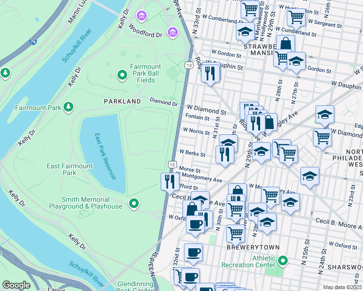 map of restaurants, bars, coffee shops, grocery stores, and more near 3236 Monument Street in Philadelphia