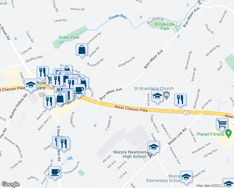 map of restaurants, bars, coffee shops, grocery stores, and more near 3421 West Chester Pike in Newtown Square