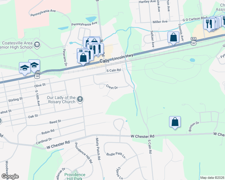 map of restaurants, bars, coffee shops, grocery stores, and more near 304 Eliot Circle in Coatesville
