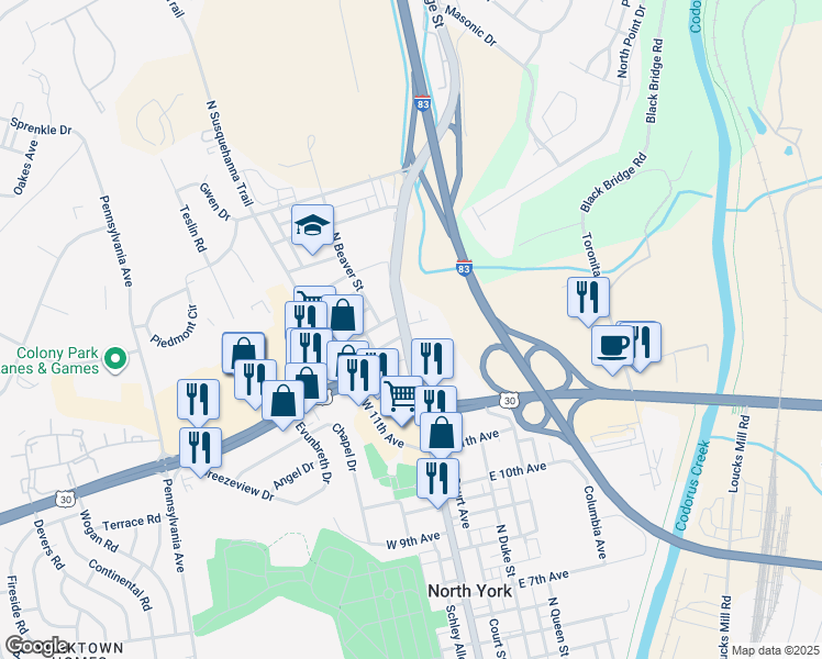 map of restaurants, bars, coffee shops, grocery stores, and more near 6 Frelen Road in York