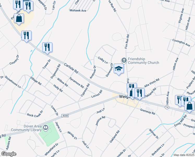 map of restaurants, bars, coffee shops, grocery stores, and more near 2178 Dorwood Drive in Dover
