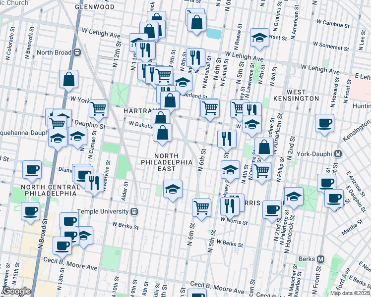 map of restaurants, bars, coffee shops, grocery stores, and more near 2233 North 7th Street in Philadelphia
