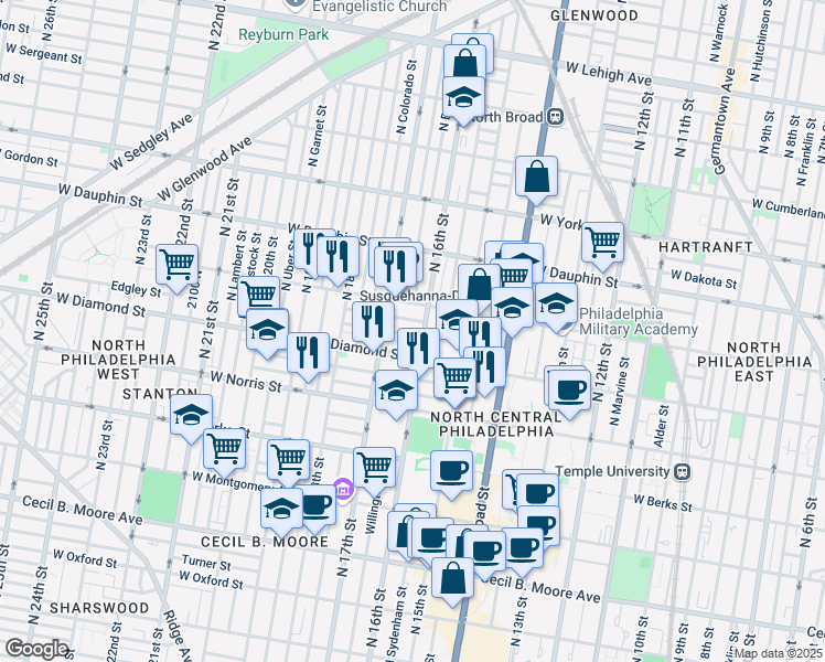 map of restaurants, bars, coffee shops, grocery stores, and more near 1613 Edgley Street in Philadelphia