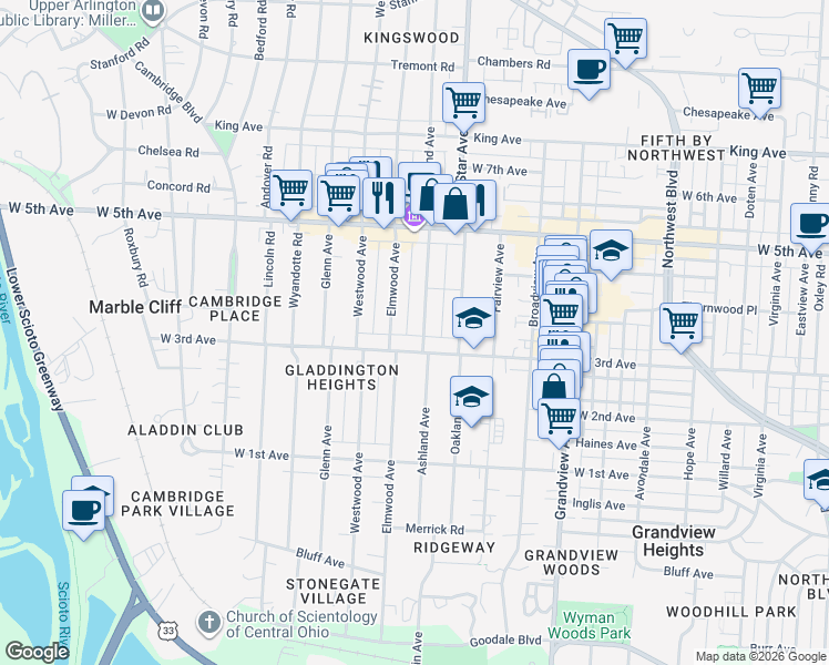 map of restaurants, bars, coffee shops, grocery stores, and more near 1676 West 3rd Avenue in Columbus