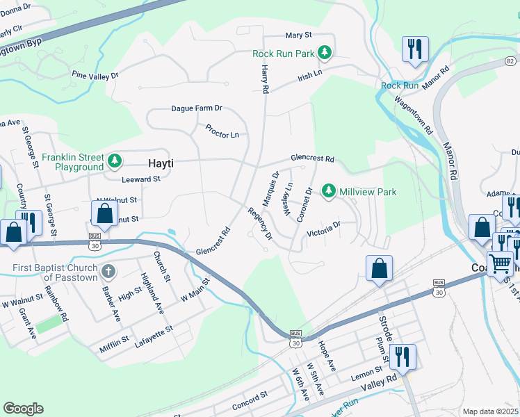 map of restaurants, bars, coffee shops, grocery stores, and more near 103 Marquis Drive in Coatesville