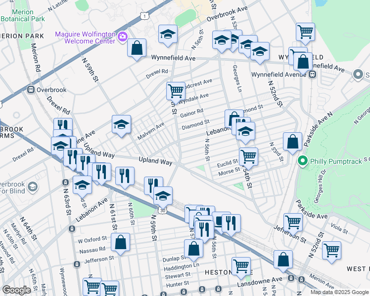 map of restaurants, bars, coffee shops, grocery stores, and more near 5666 Arlington Street in Philadelphia