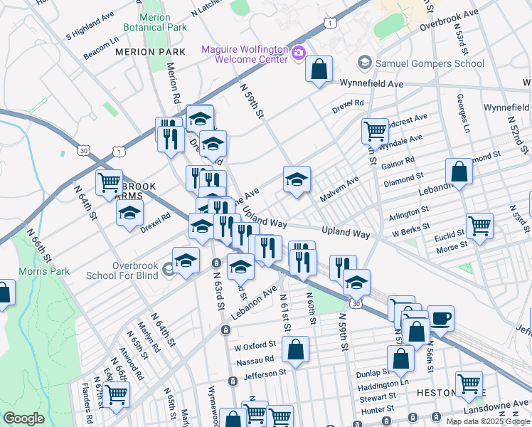 map of restaurants, bars, coffee shops, grocery stores, and more near 5961 Upland Way in Philadelphia
