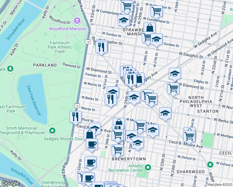 map of restaurants, bars, coffee shops, grocery stores, and more near 1947 North 30th Street in Philadelphia