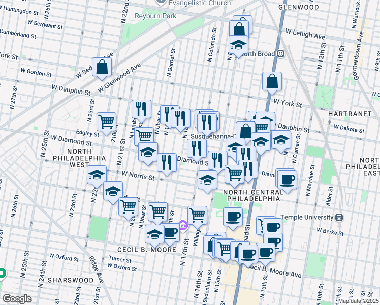 map of restaurants, bars, coffee shops, grocery stores, and more near 1730 Edgley Street in Philadelphia