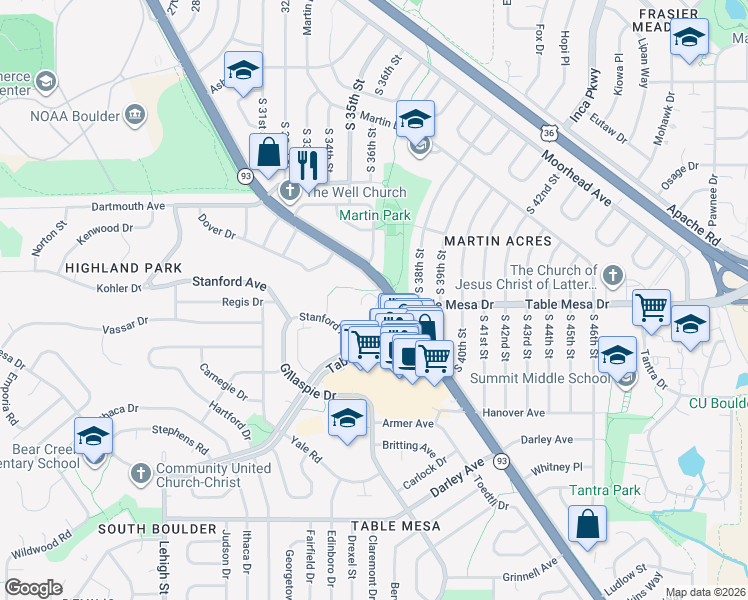 map of restaurants, bars, coffee shops, grocery stores, and more near 505 Harvard Lane in Boulder