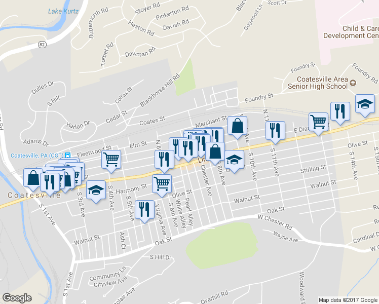 map of restaurants, bars, coffee shops, grocery stores, and more near 21 North 7th Avenue in Coatesville