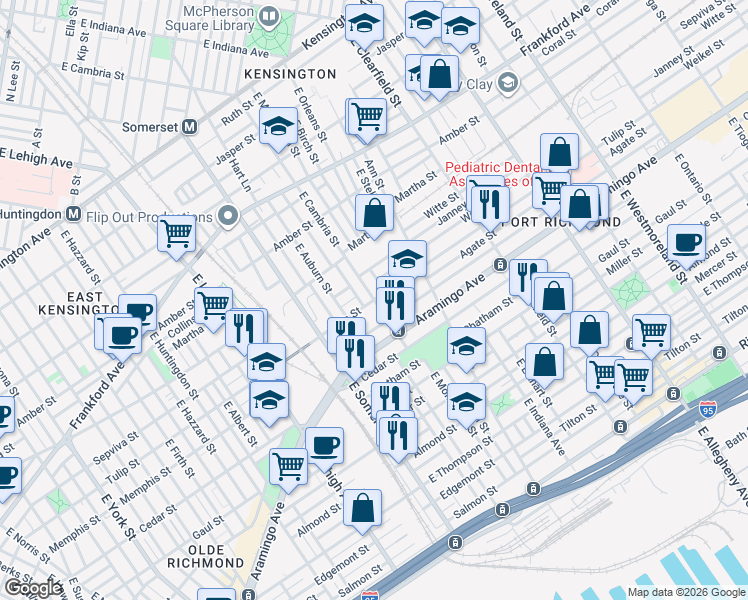map of restaurants, bars, coffee shops, grocery stores, and more near Tulip St & E Cambria St in Philadelphia