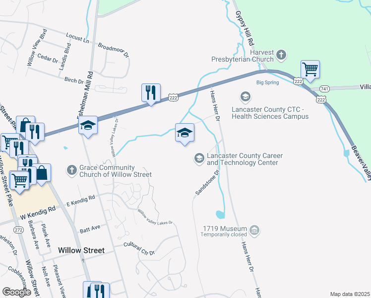 map of restaurants, bars, coffee shops, grocery stores, and more near 1730 Hans Herr Drive in Willow Street