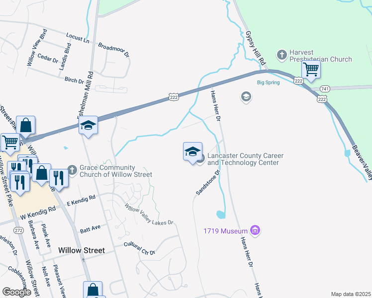 map of restaurants, bars, coffee shops, grocery stores, and more near 1730 Hans Herr Drive in Willow Street