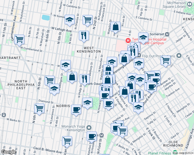 map of restaurants, bars, coffee shops, grocery stores, and more near 2336 North Mascher Street in Philadelphia