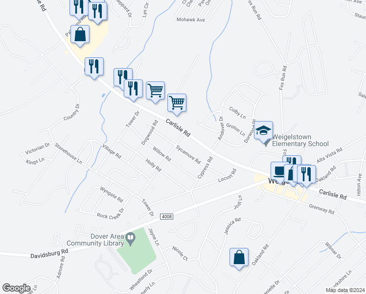 map of restaurants, bars, coffee shops, grocery stores, and more near 3471 Sycamore Road in Dover