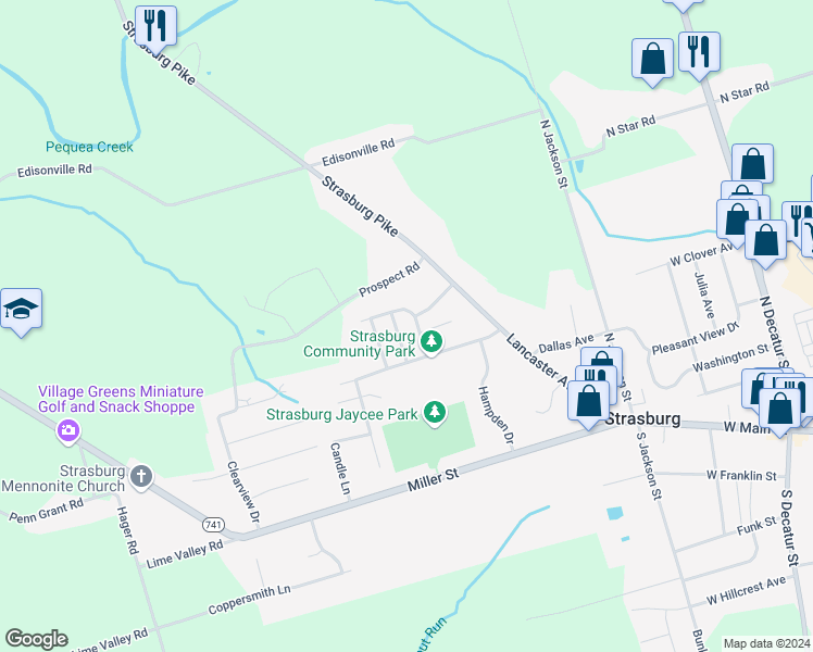 map of restaurants, bars, coffee shops, grocery stores, and more near 227 Cross Keys Drive in Strasburg