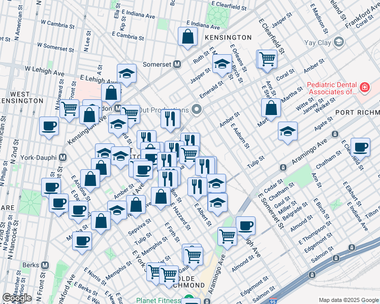 map of restaurants, bars, coffee shops, grocery stores, and more near 2121 East Lehigh Avenue in Philadelphia