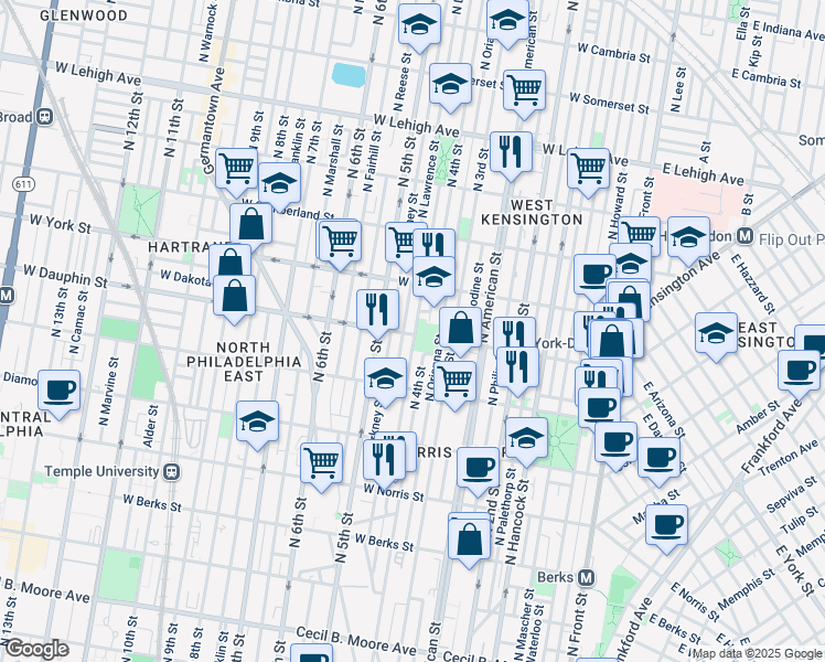 map of restaurants, bars, coffee shops, grocery stores, and more near 419 West Dauphin Street in Philadelphia
