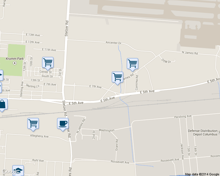 map of restaurants, bars, coffee shops, grocery stores, and more near 655 North James Road in Columbus