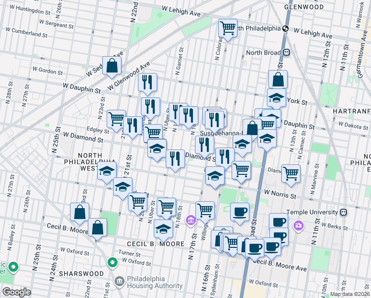 map of restaurants, bars, coffee shops, grocery stores, and more near in Philadelphia