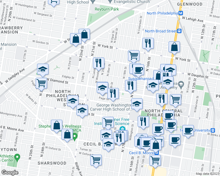 map of restaurants, bars, coffee shops, grocery stores, and more near 1903 West Diamond street in Philadelphia