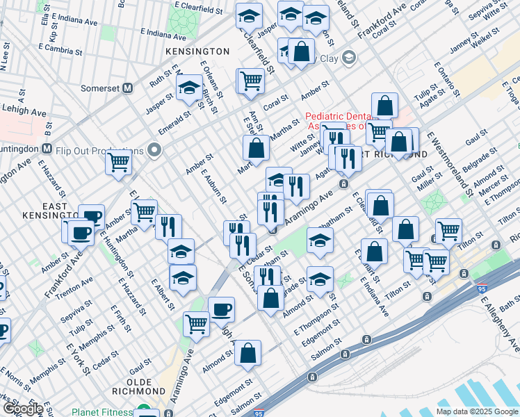 map of restaurants, bars, coffee shops, grocery stores, and more near 2301 East Cambria Street in Philadelphia