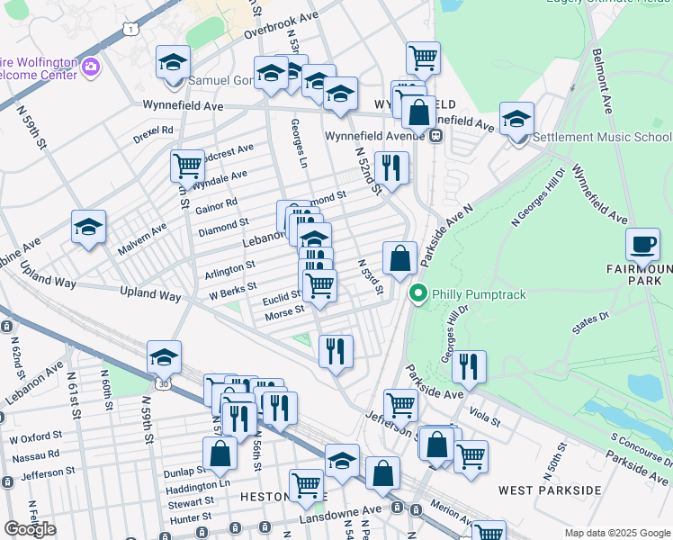 map of restaurants, bars, coffee shops, grocery stores, and more near 5340 West Berks Street in Philadelphia