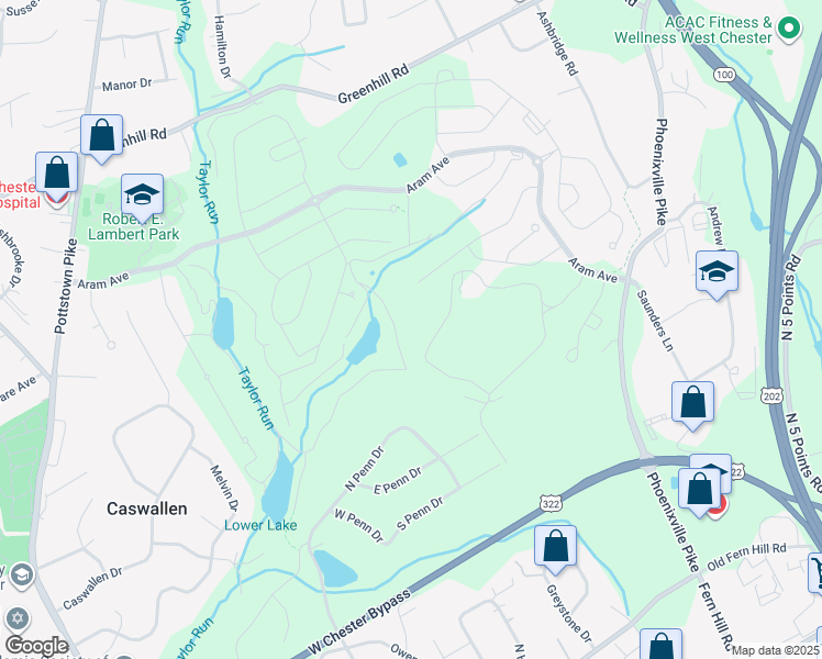 map of restaurants, bars, coffee shops, grocery stores, and more near 987 North Penn Drive in West Chester