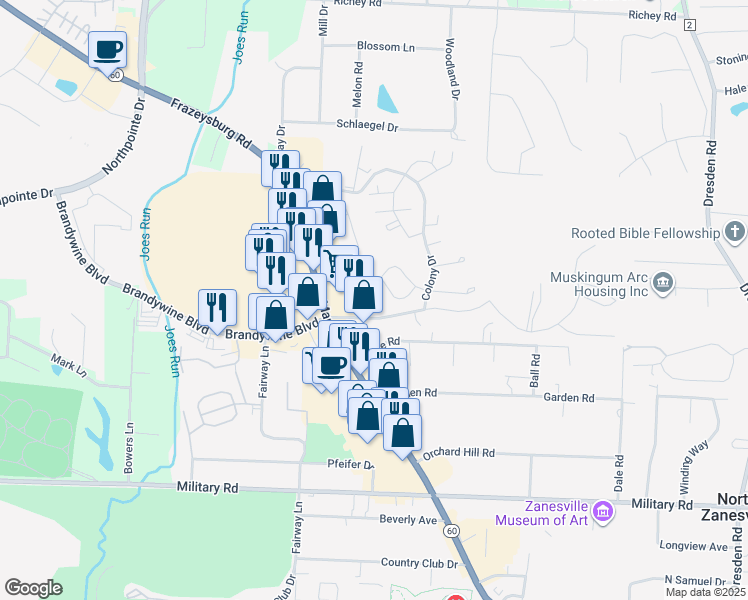 map of restaurants, bars, coffee shops, grocery stores, and more near 1167 Brandywine Boulevard in Zanesville