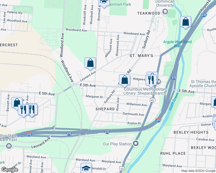 map of restaurants, bars, coffee shops, grocery stores, and more near E 5th Ave & Wellington Blvd in Columbus