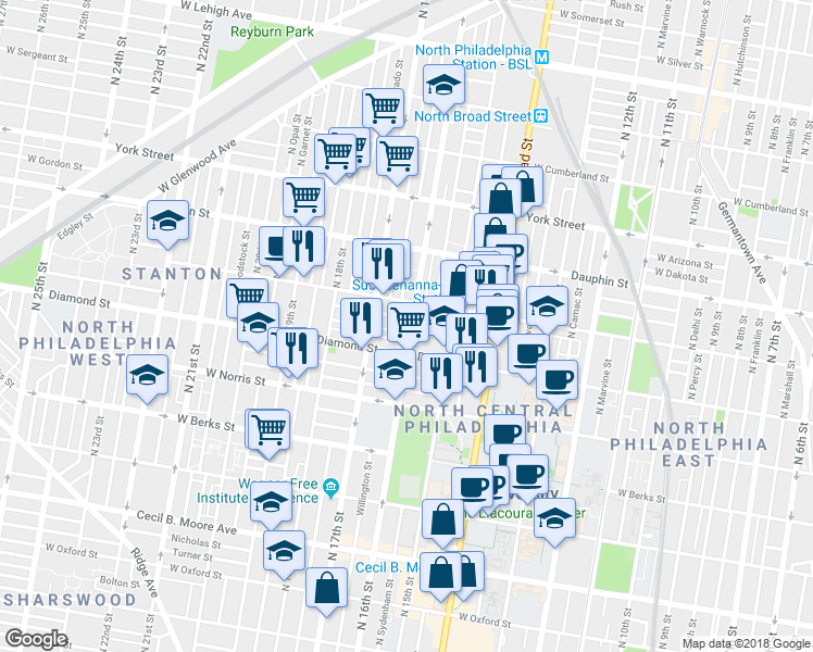 map of restaurants, bars, coffee shops, grocery stores, and more near 2116 North 16th Street in Philadelphia