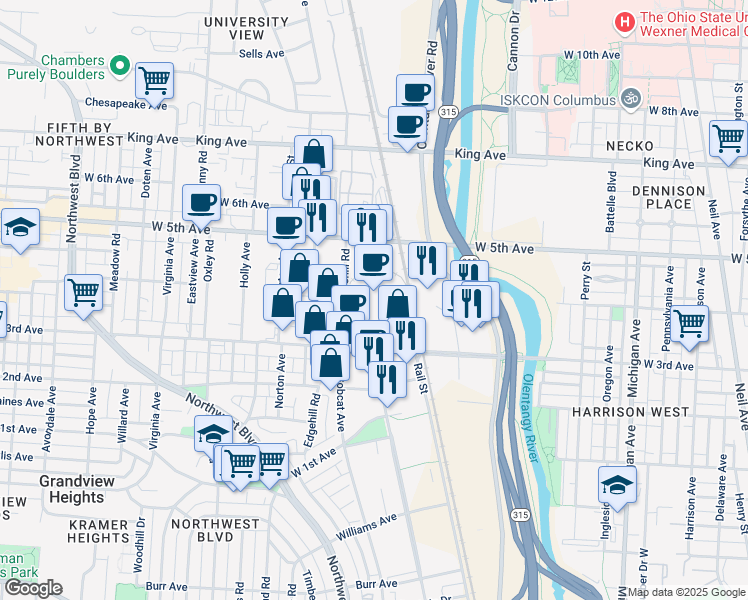 map of restaurants, bars, coffee shops, grocery stores, and more near 840 West 3rd Avenue in Columbus