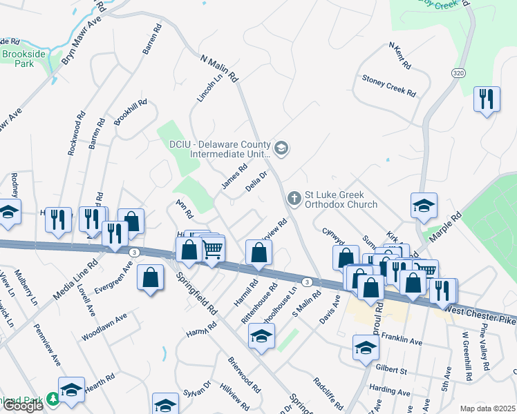 map of restaurants, bars, coffee shops, grocery stores, and more near 40 Hillside Road in Broomall